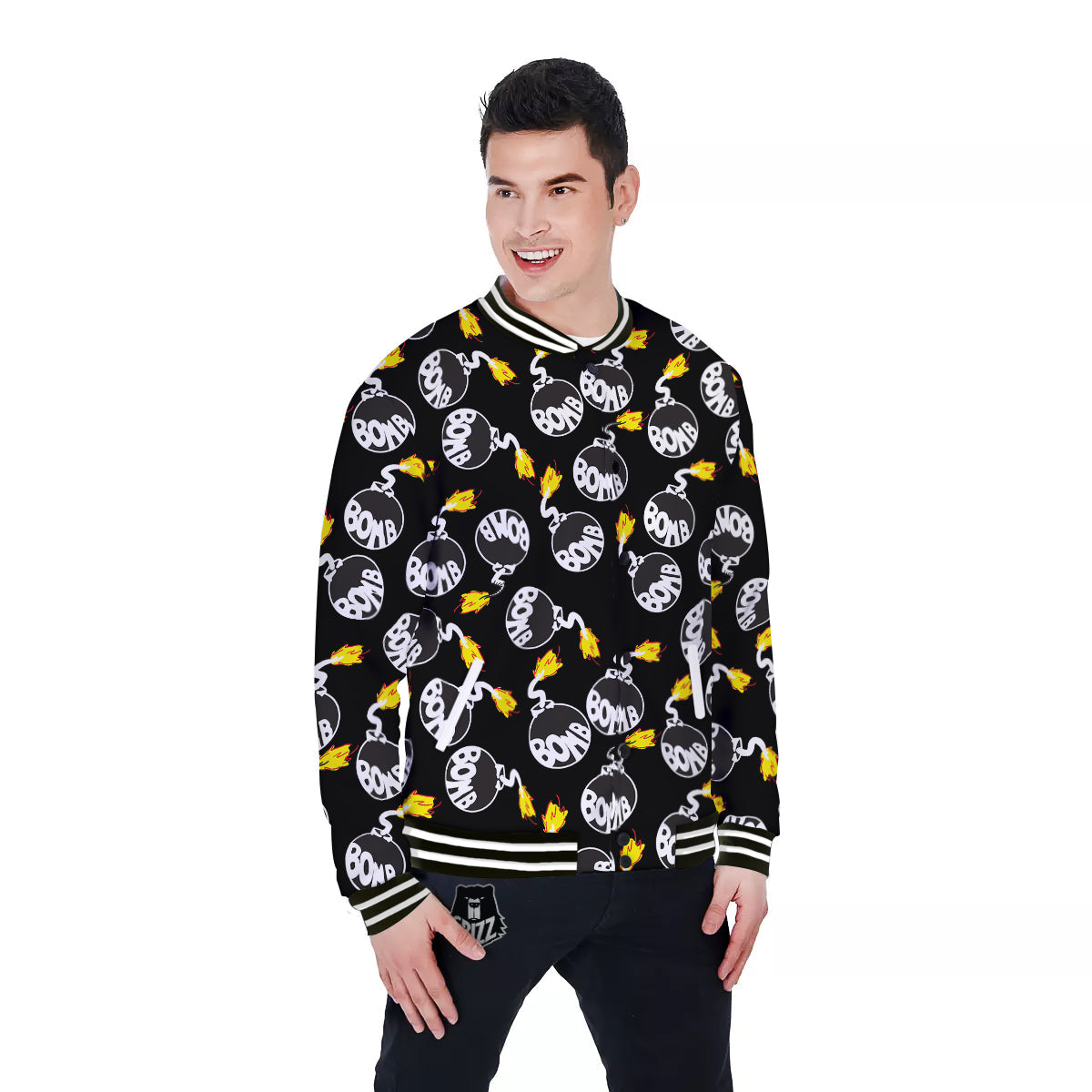 Bomb And Fire Print Pattern Baseball Jacket-grizzshop