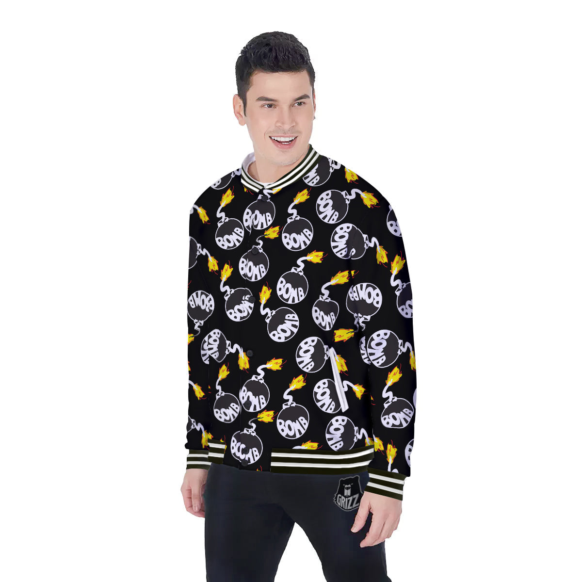 Bomb And Fire Print Pattern Baseball Jacket-grizzshop