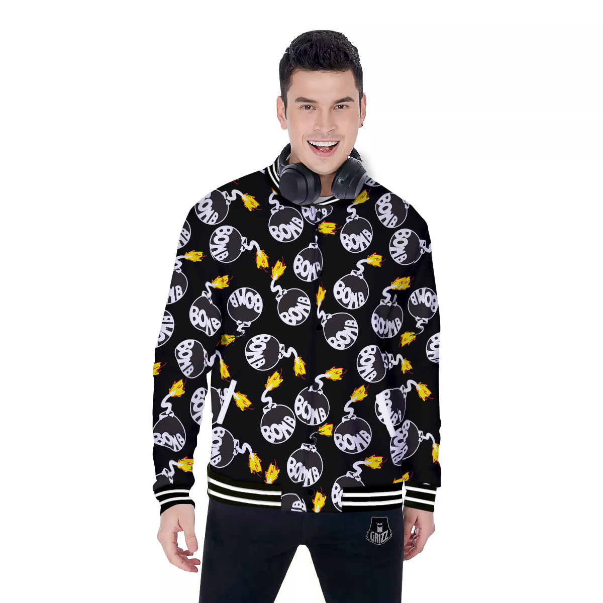 Bomb And Fire Print Pattern Baseball Jacket-grizzshop