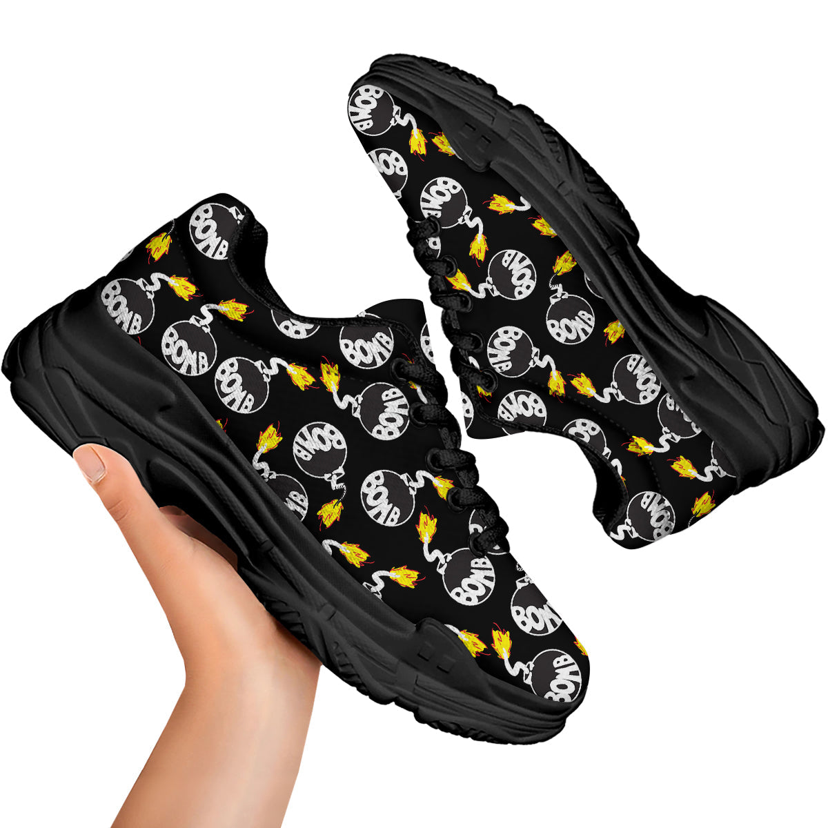 Bomb And Fire Print Pattern Black Chunky Shoes-grizzshop