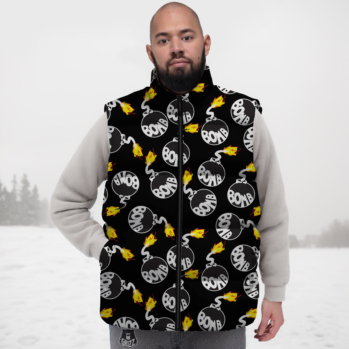 Bomb And Fire Print Pattern Down Vest-grizzshop