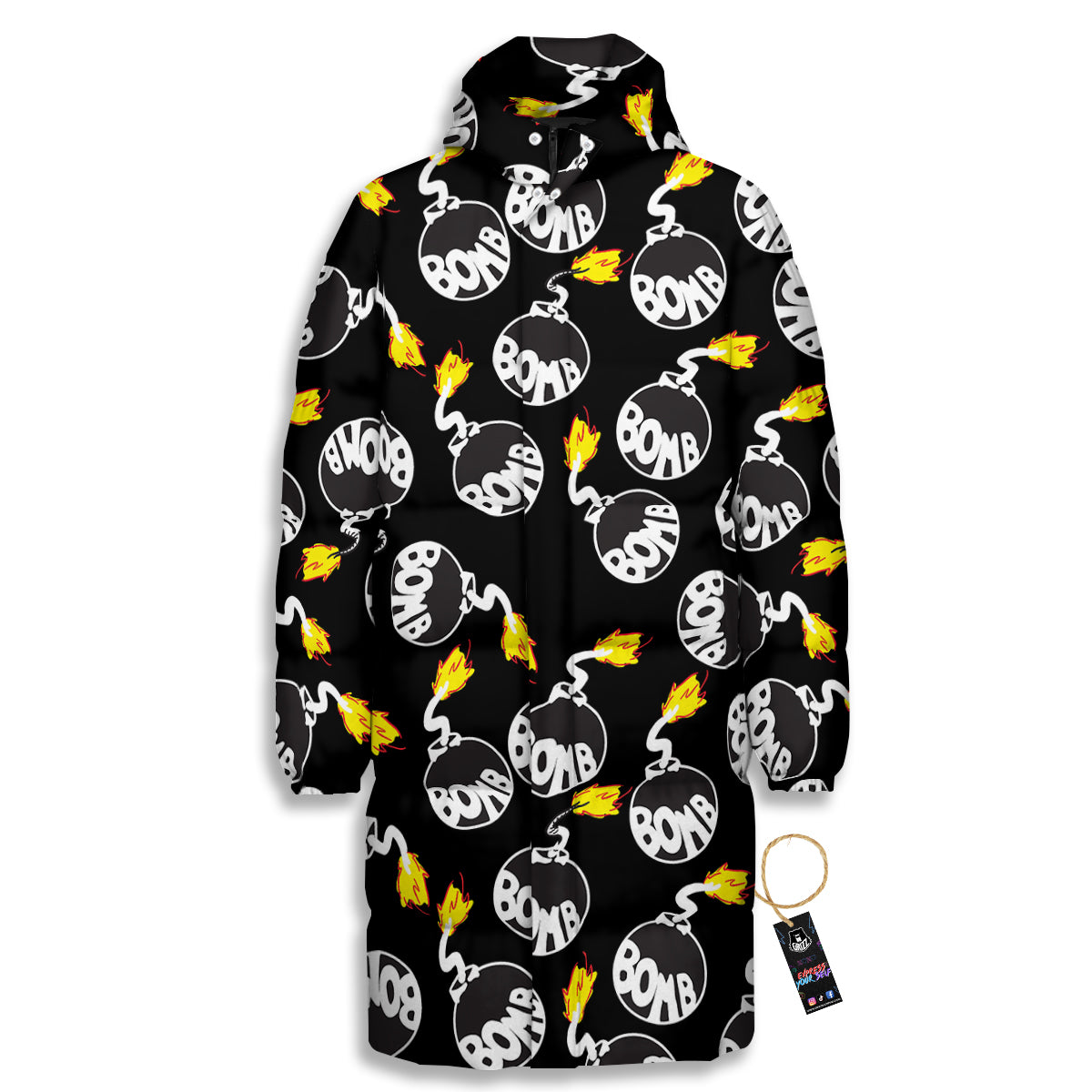 Bomb And Fire Print Pattern Long Down Jacket-grizzshop