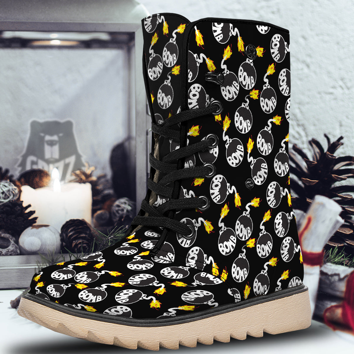 Bomb And Fire Print Pattern Snow Boots-grizzshop