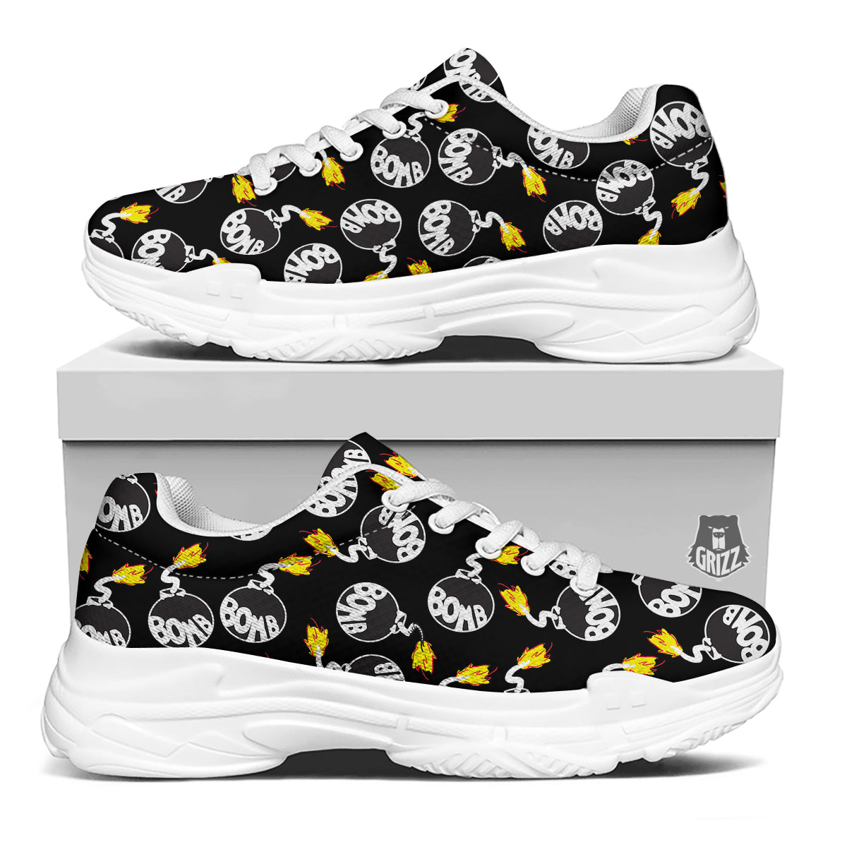 Bomb And Fire Print Pattern White Chunky Shoes-grizzshop