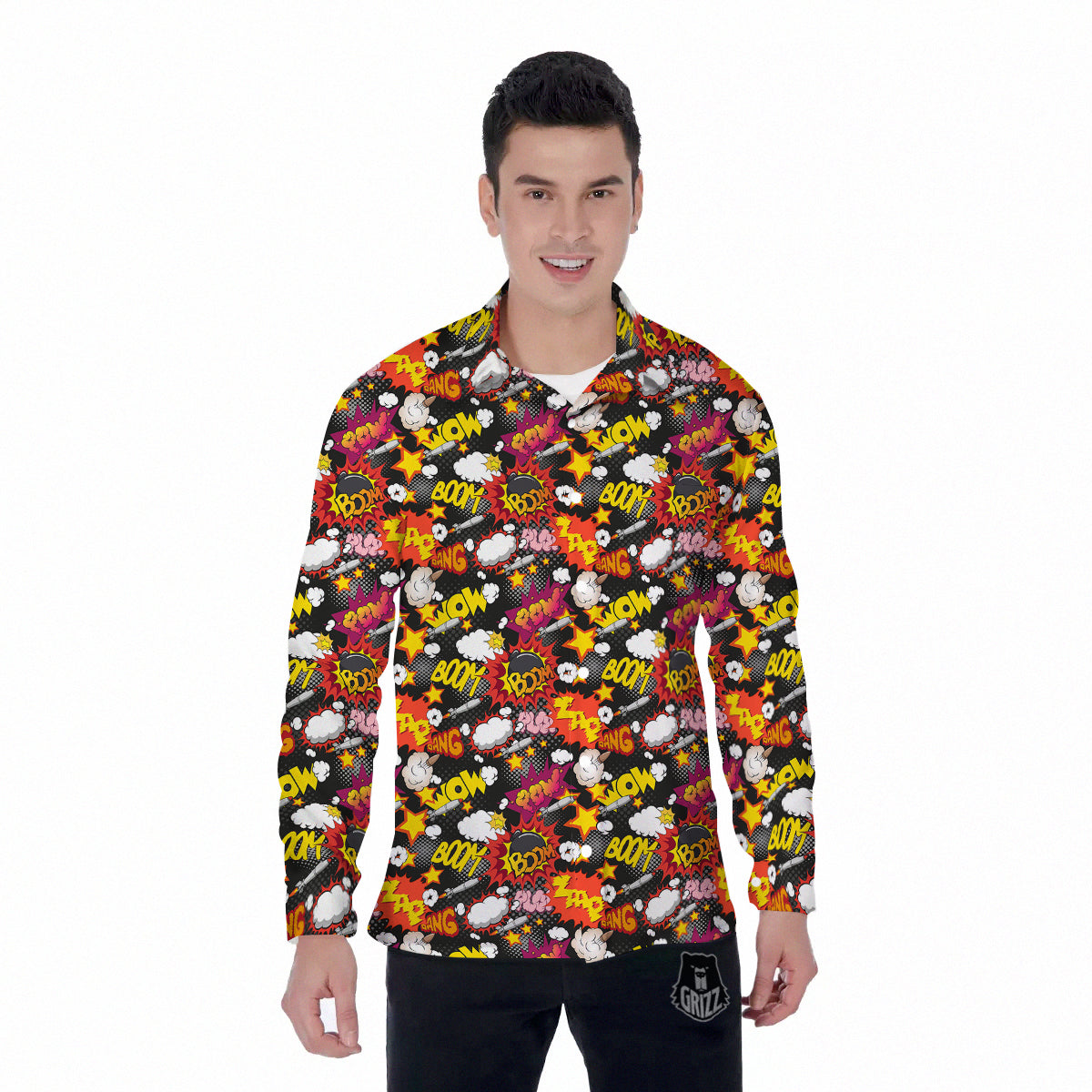 Bomb Boom Comic Graffiti Print Pattern Men's Long Sleeve Shirts-grizzshop