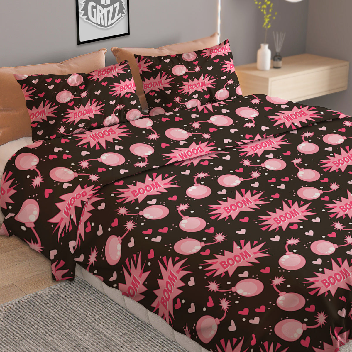 Bomb Boom Pink And Heart Print Pattern Duvet Cover Bedding Set