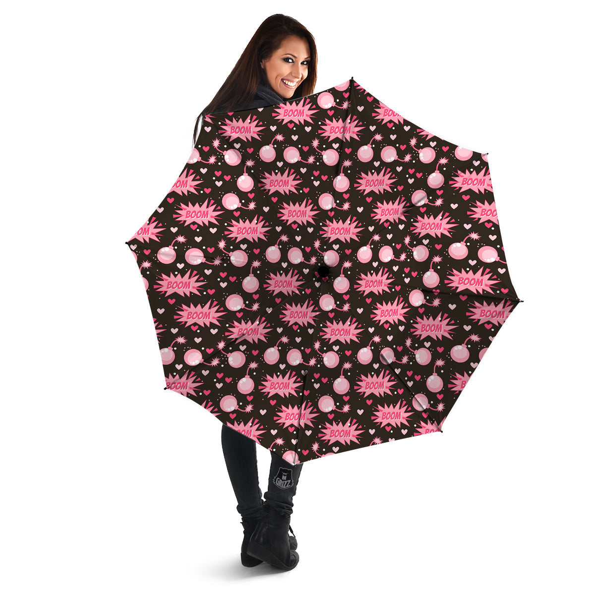 Bomb Boom Pink And Heart Print Pattern Umbrella-grizzshop