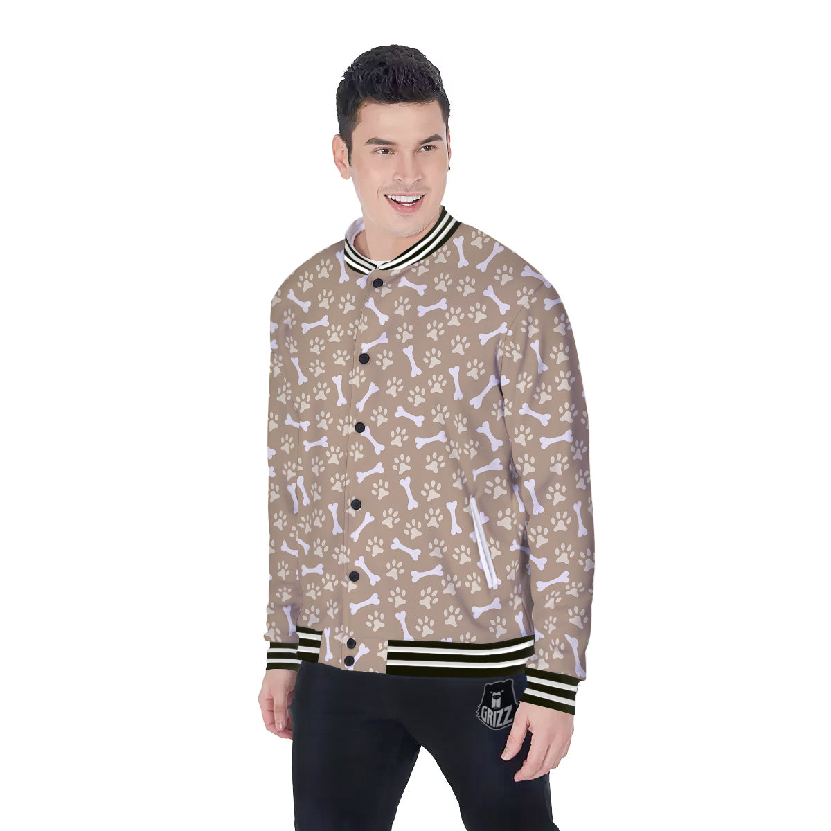 Bone And Beige Paw Print Pattern Baseball Jacket-grizzshop