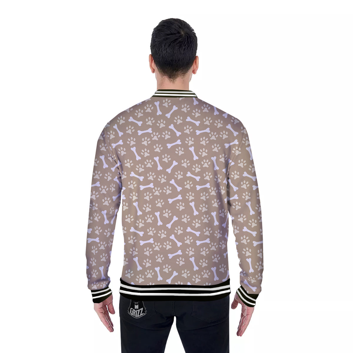 Bone And Beige Paw Print Pattern Baseball Jacket-grizzshop