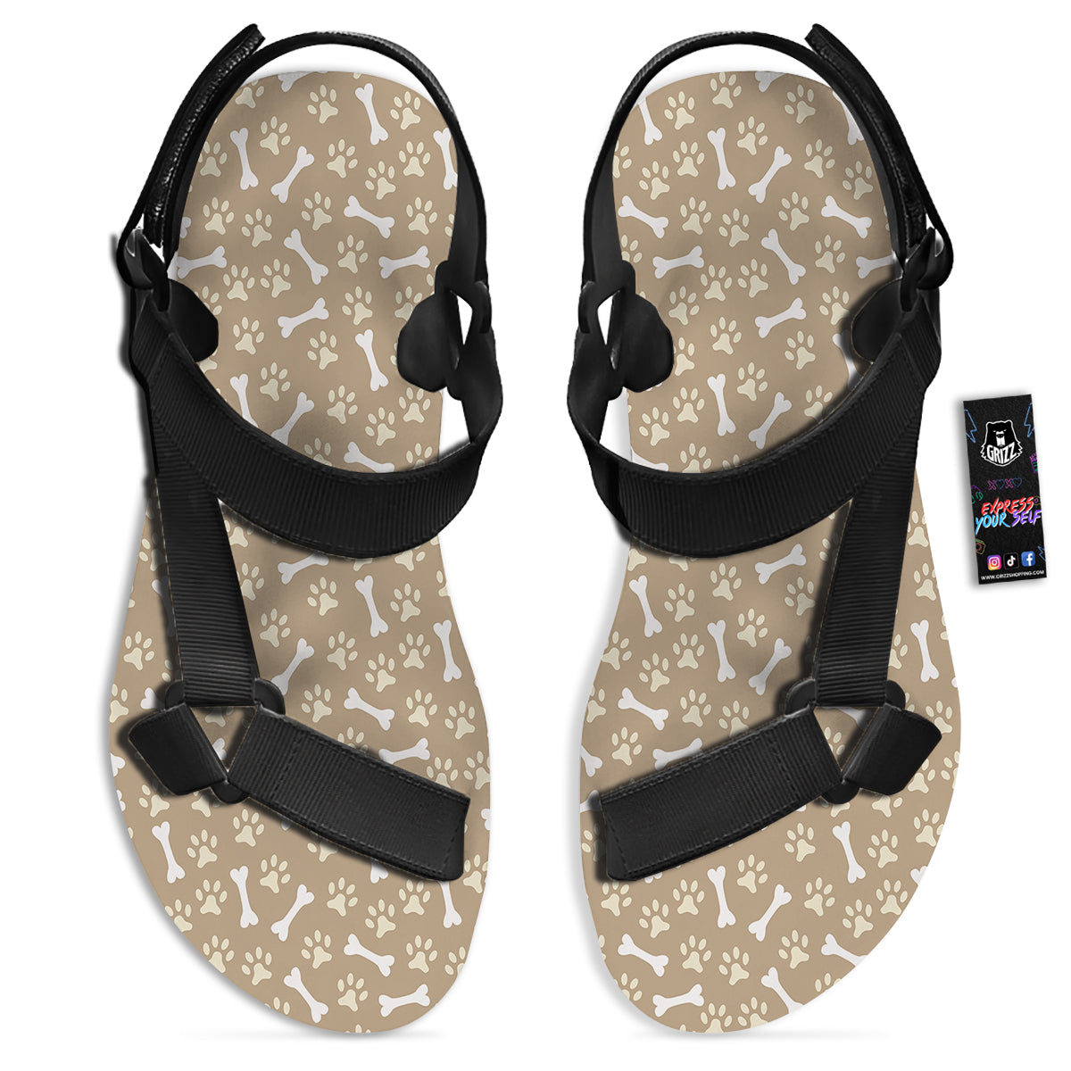 Bone And Beige Paw Print Pattern Black Open Toe Sandals-grizzshop