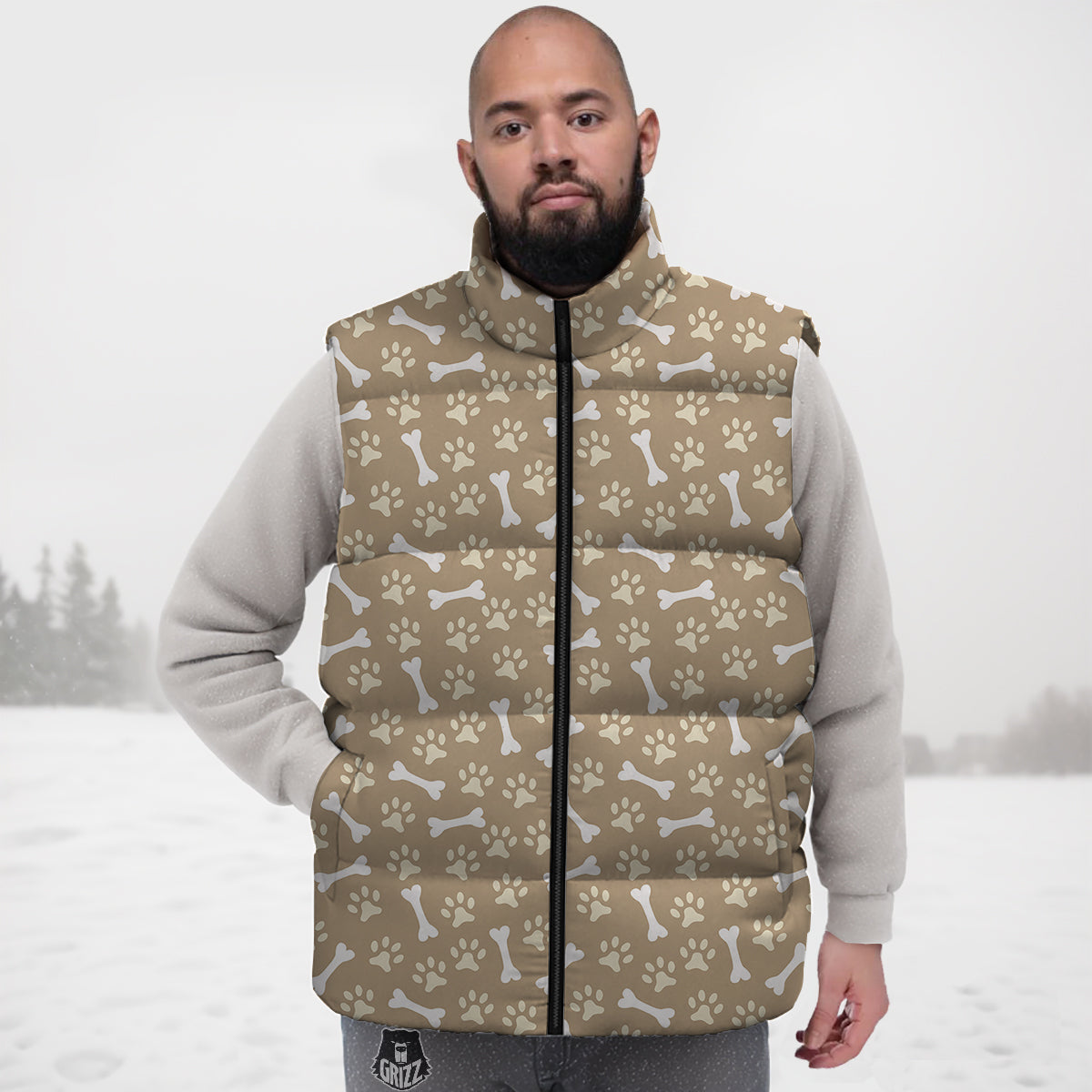 Bone And Beige Paw Print Pattern Down Vest-grizzshop