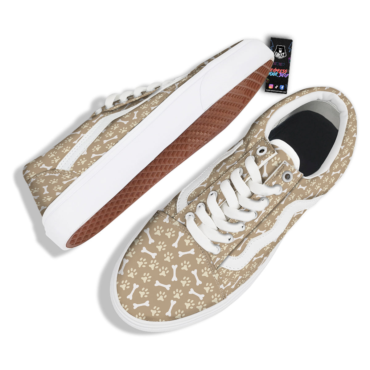 Bone And Beige Paw Print Pattern Skate Shoes-grizzshop