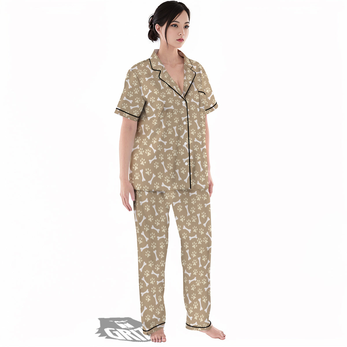 Bone And Beige Paw Print Pattern Women's Pajamas Set-grizzshop
