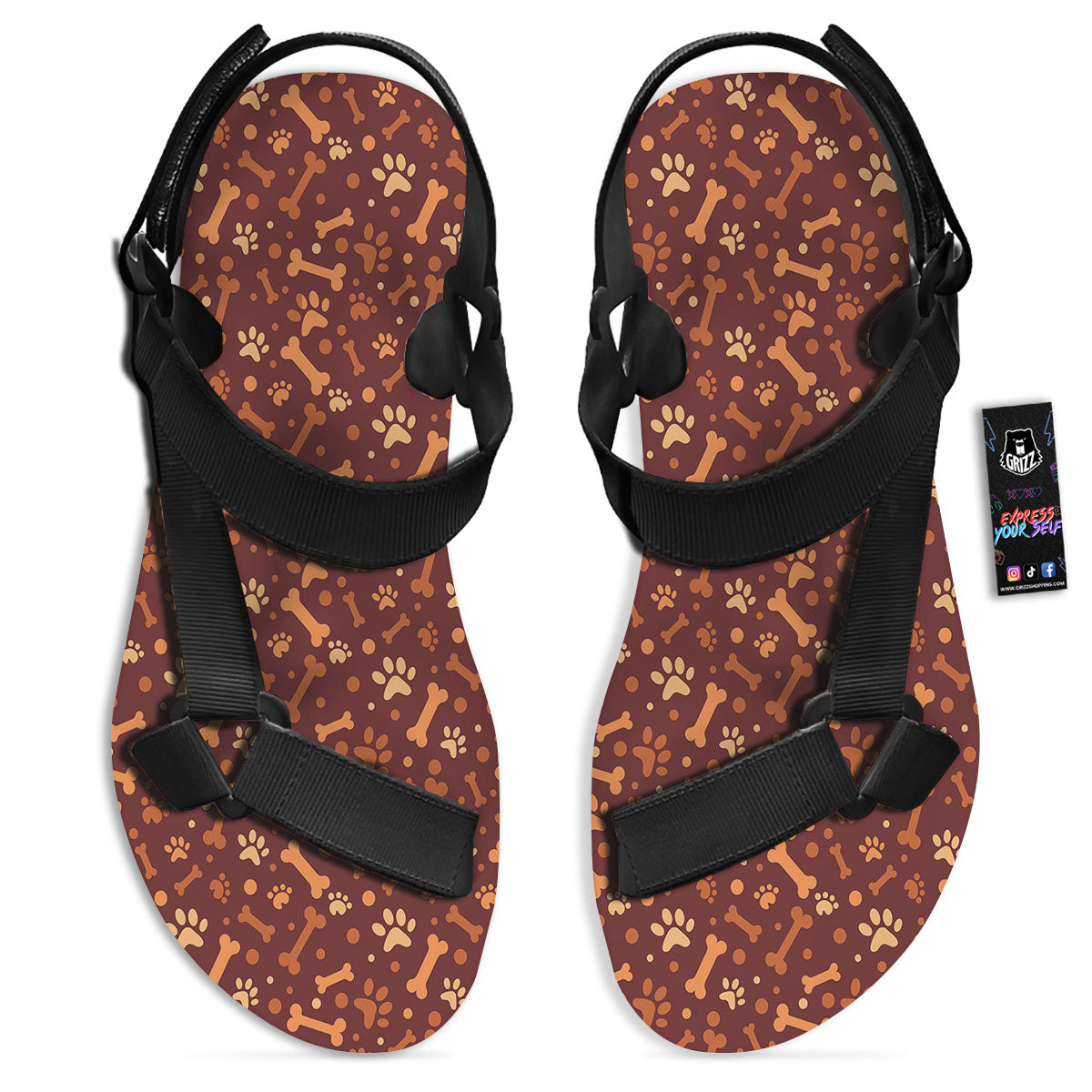 Bone And Brown Paw Print Pattern Black Open Toe Sandals-grizzshop