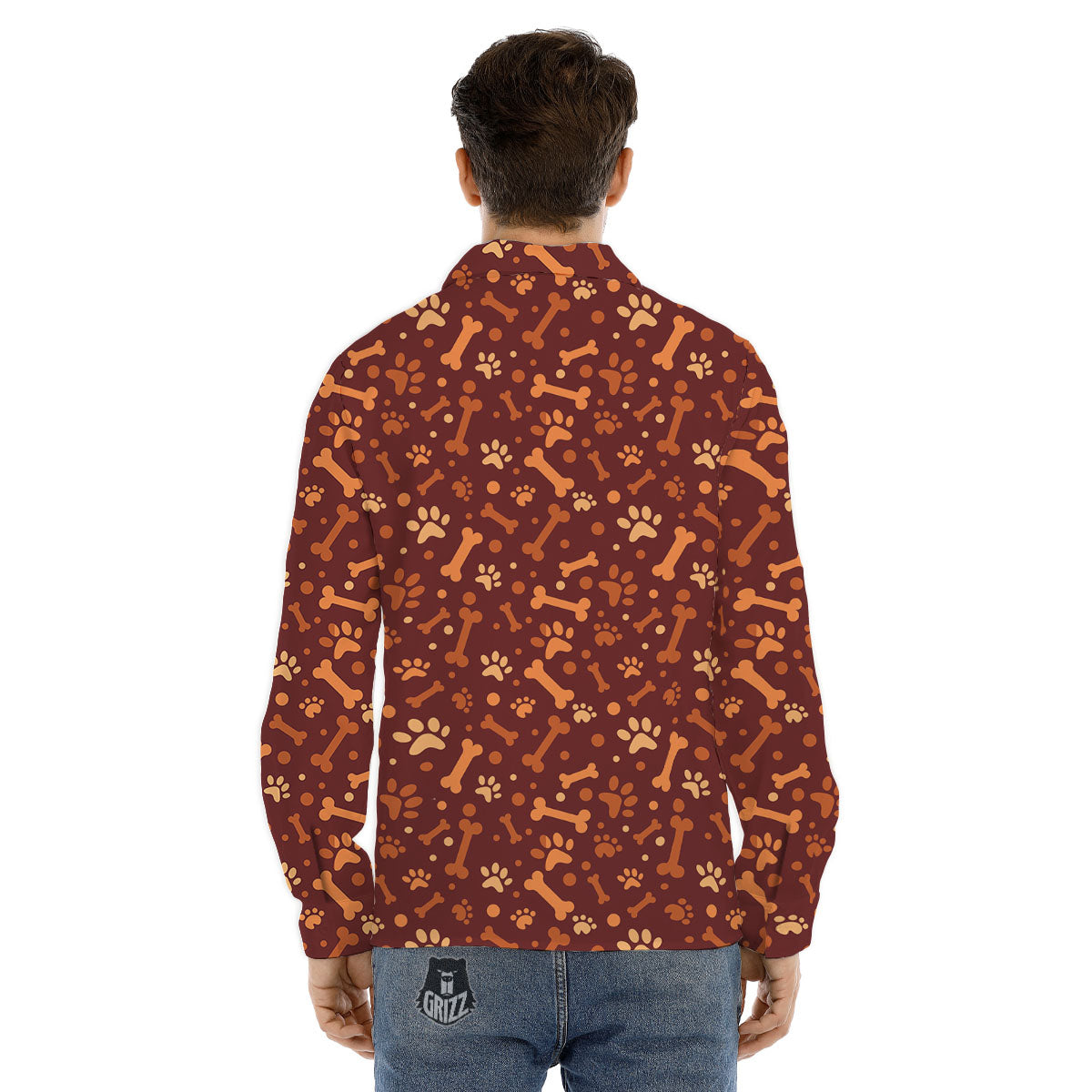 Bone And Brown Paw Print Pattern Men's Dress Shirts-grizzshop