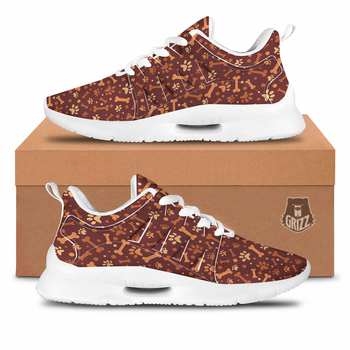 Bone And Brown Paw Print Pattern Tennis Shoes-grizzshop