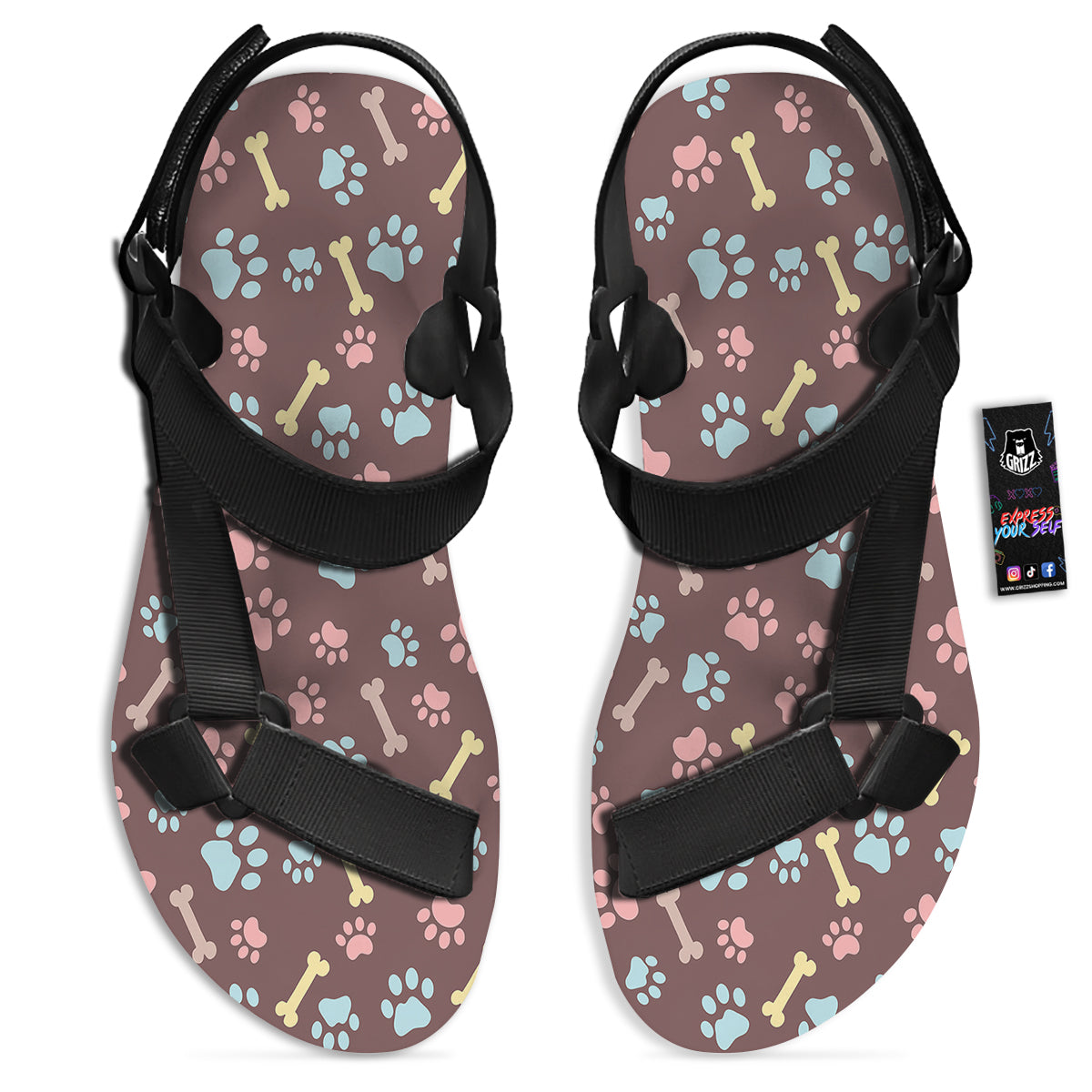 Bone And Colorful Paw Print Pattern Black Open Toe Sandals-grizzshop