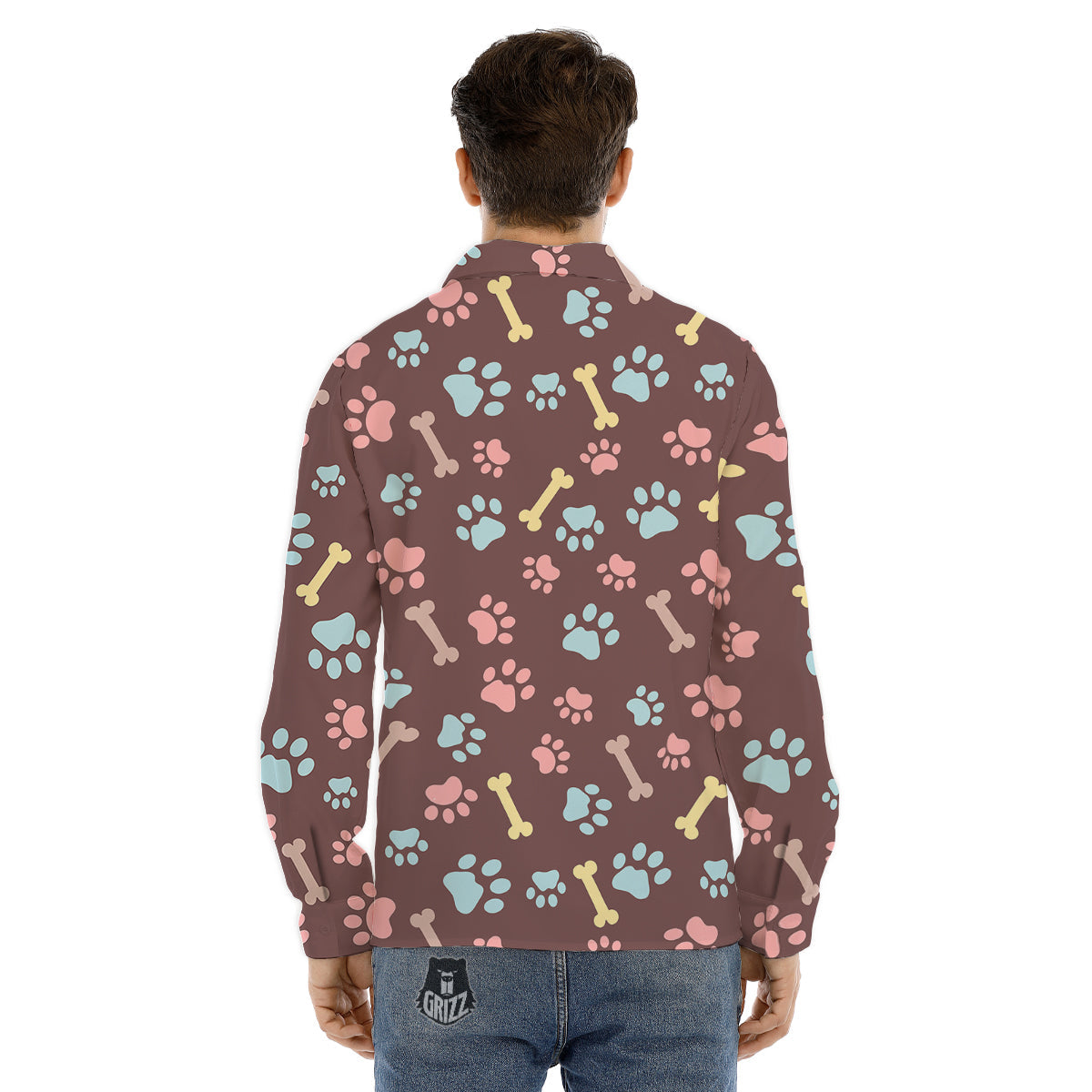 Bone And Colorful Paw Print Pattern Men's Dress Shirts-grizzshop
