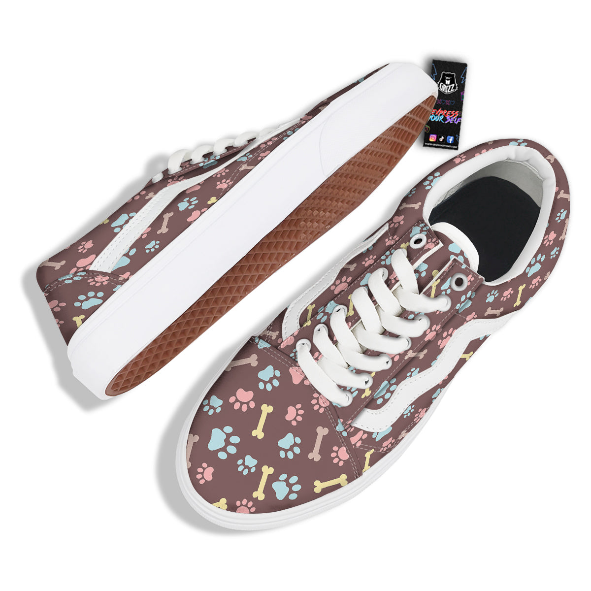 Bone And Colorful Paw Print Pattern Skate Shoes-grizzshop