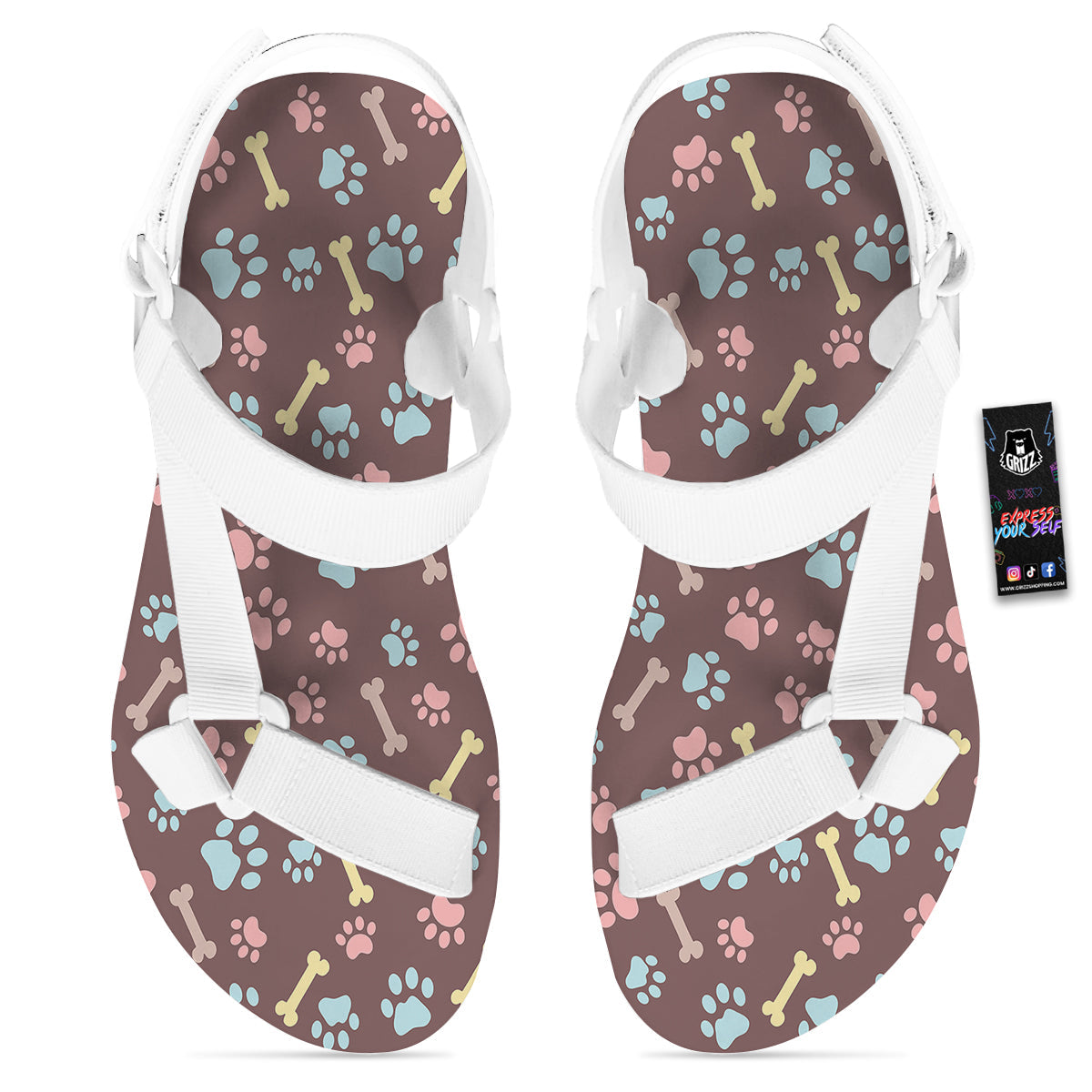 Bone And Colorful Paw Print Pattern White Open Toe Sandals-grizzshop