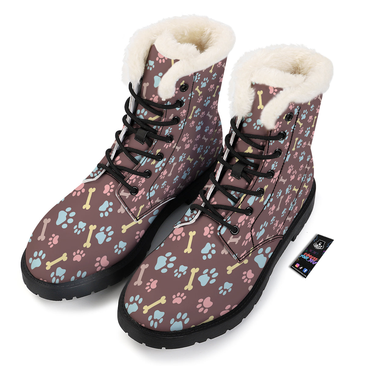 Bone And Colorful Paw Print Pattern Winter Boots-grizzshop