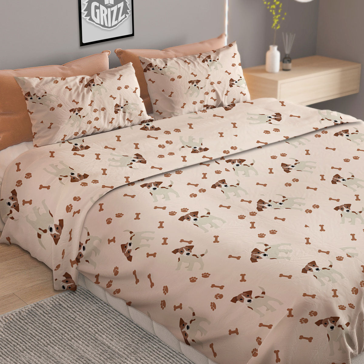 Bone And Jack Russell Terrier Print Pattern Duvet Cover Bedding Set