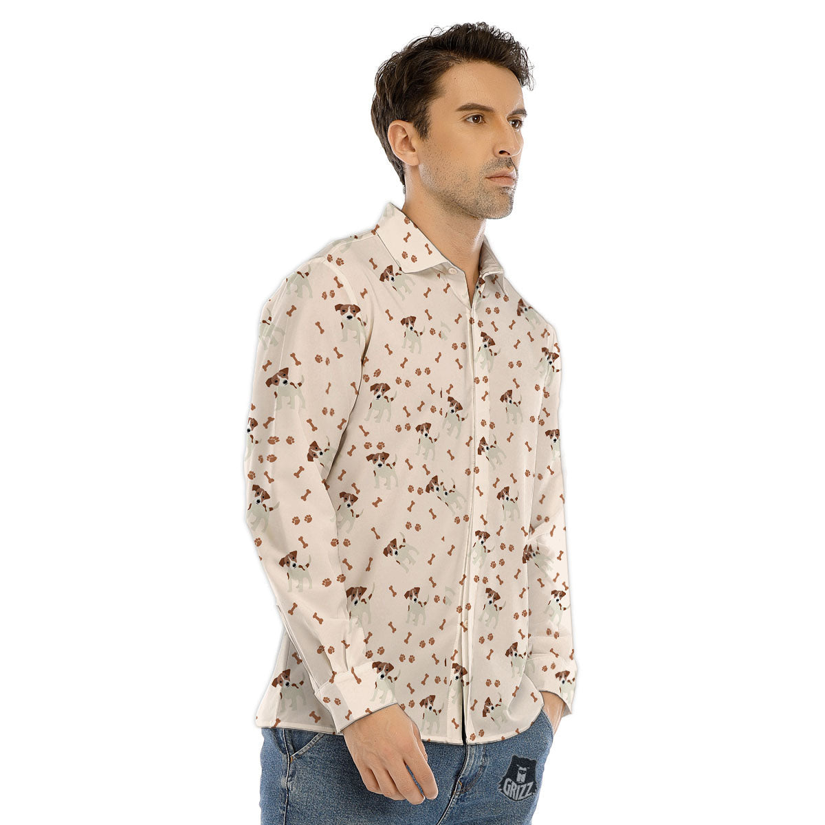 Bone And Jack Russell Terrier Print Pattern Men's Dress Shirts-grizzshop