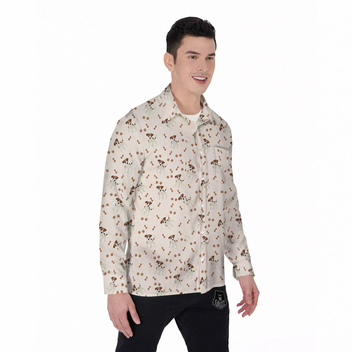 Bone And Jack Russell Terrier Print Pattern Men's Long Sleeve Shirts-grizzshop
