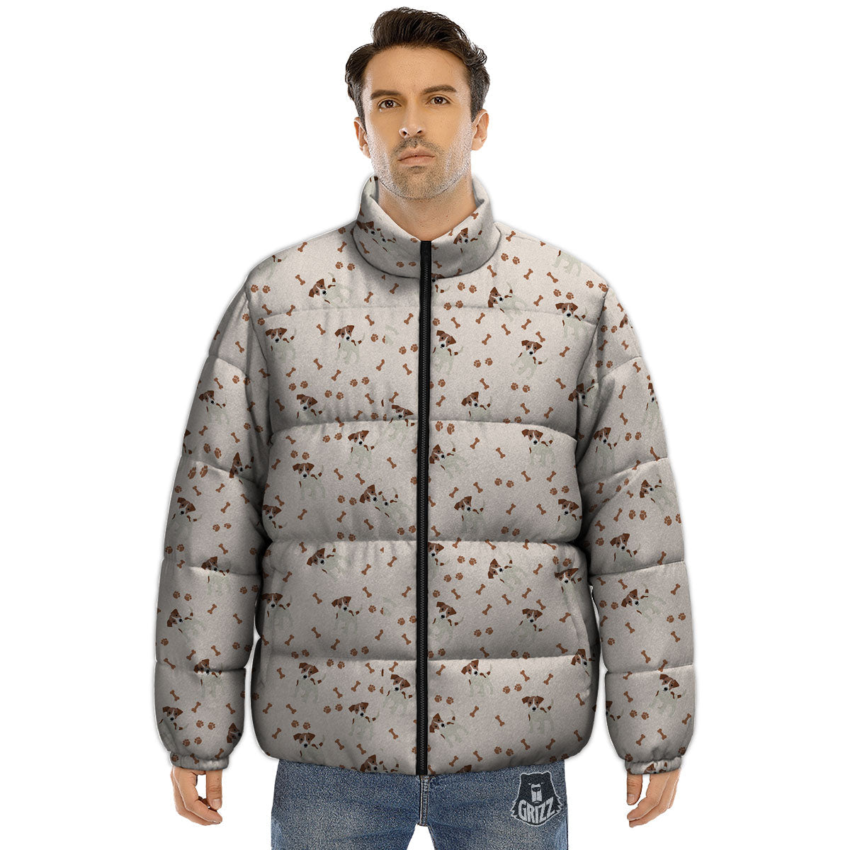 Bone And Jack Russell Terrier Print Pattern Puffer Jacket-grizzshop