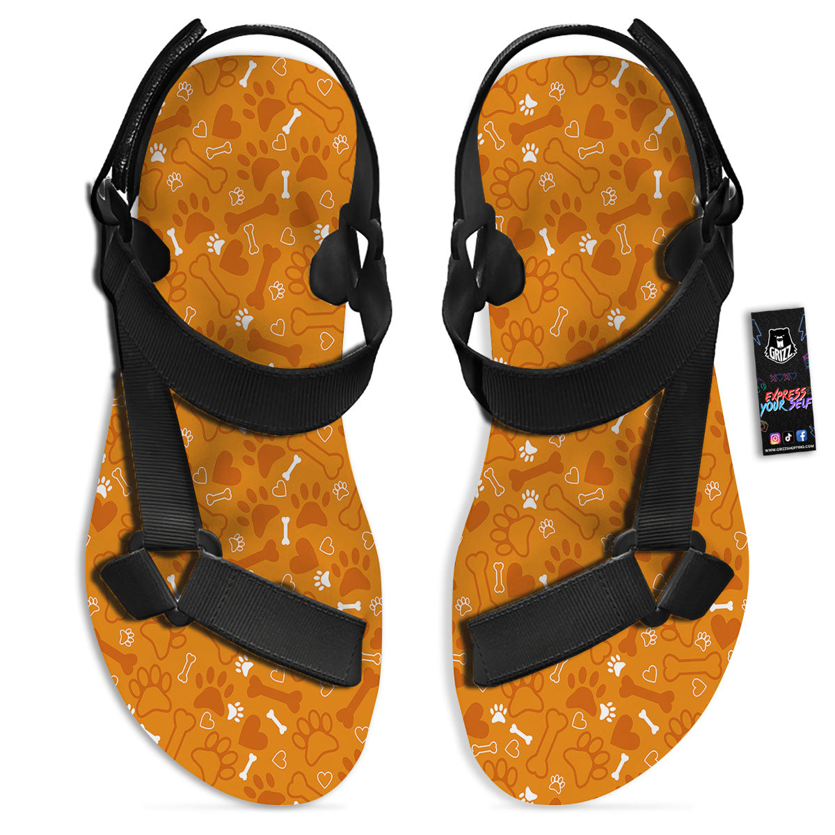 Bone And Orange Paw Print Pattern Black Open Toe Sandals-grizzshop