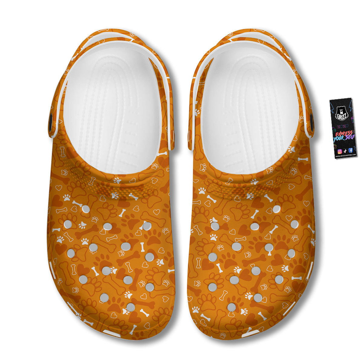 Bone And Orange Paw Print Pattern Clog-grizzshop