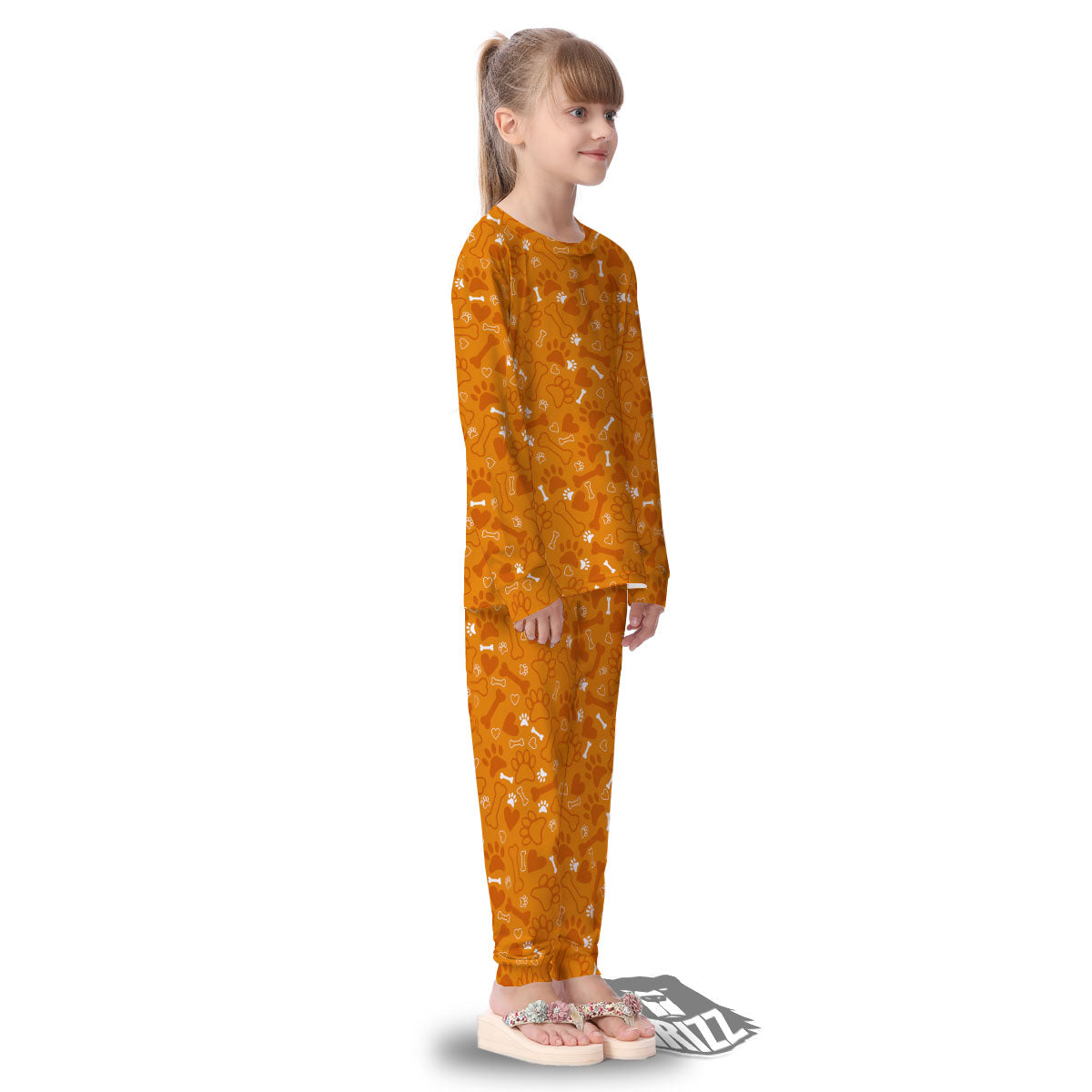 Bone And Orange Paw Print Pattern Kid's Pajamas-grizzshop