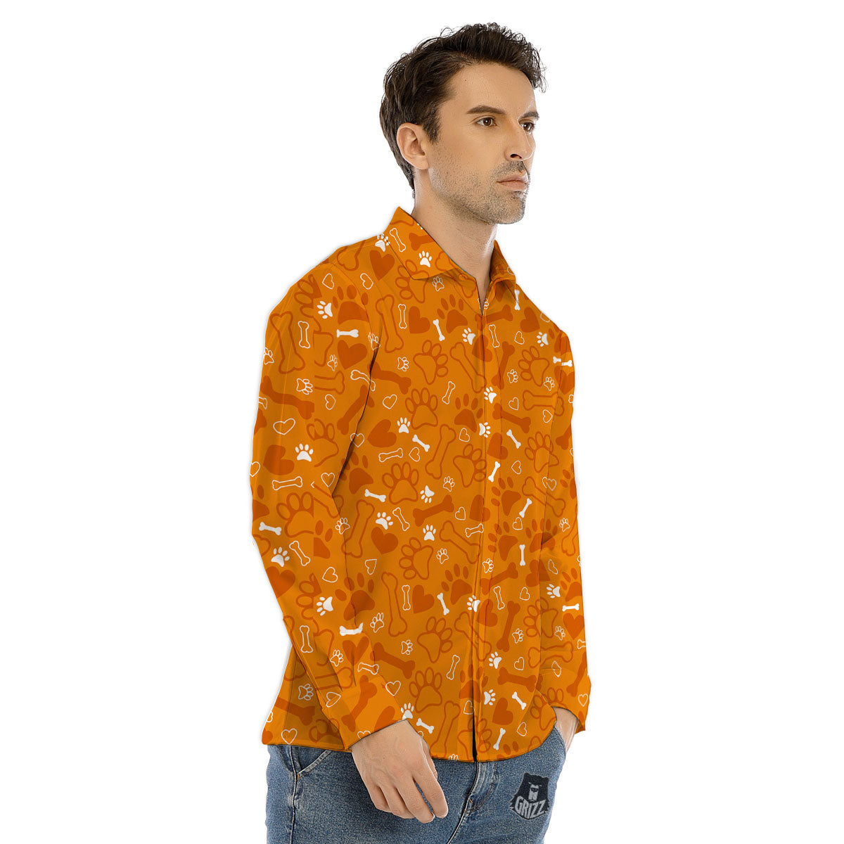 Bone And Orange Paw Print Pattern Men's Dress Shirts-grizzshop