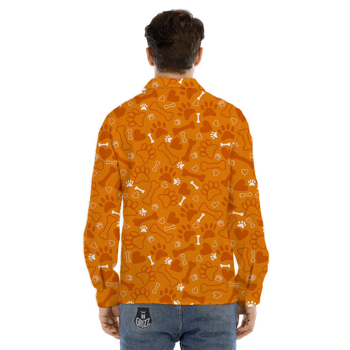 Bone And Orange Paw Print Pattern Men's Dress Shirts-grizzshop