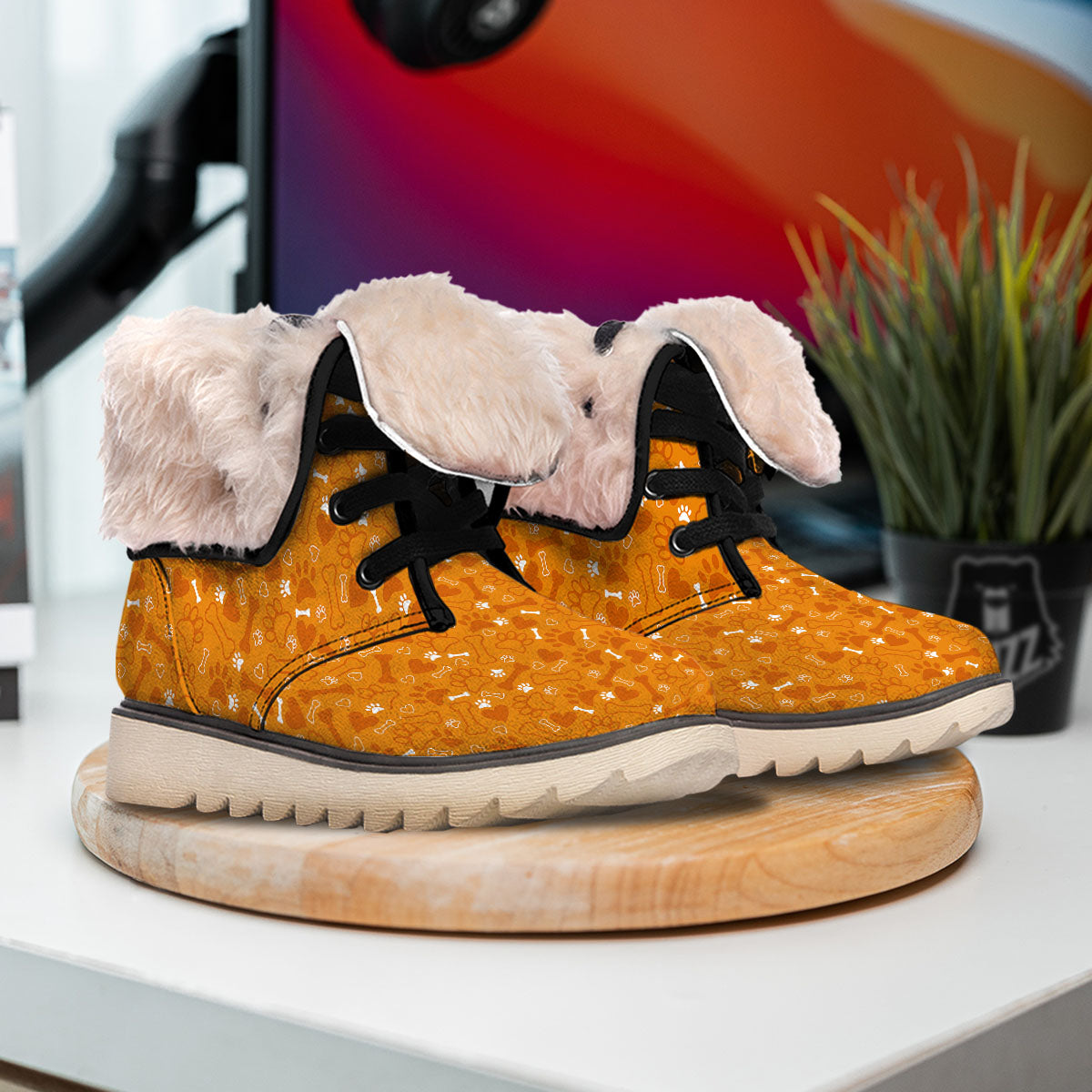 Bone And Orange Paw Print Pattern Snow Boots-grizzshop