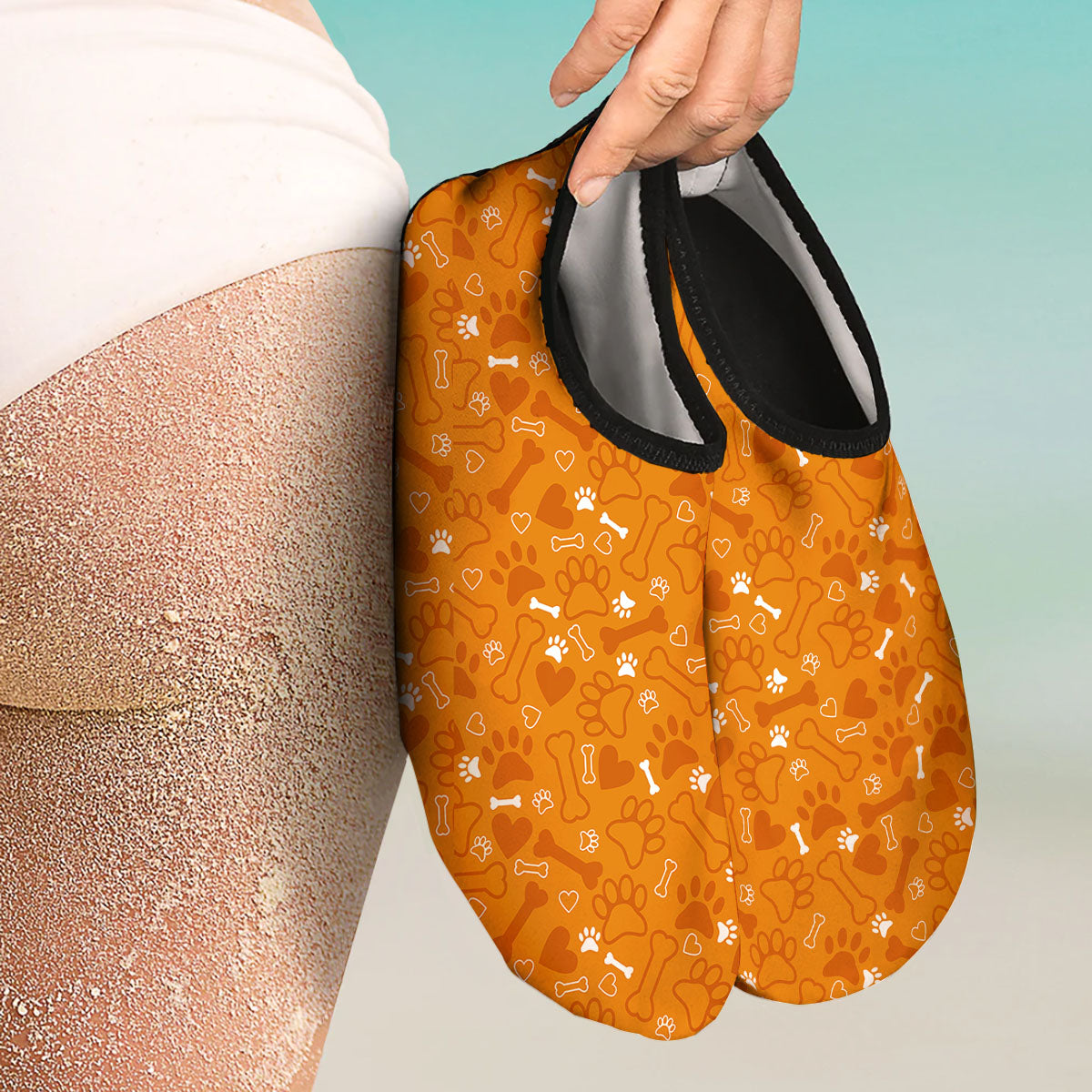 Bone And Orange Paw Print Pattern Water Shoes-grizzshop