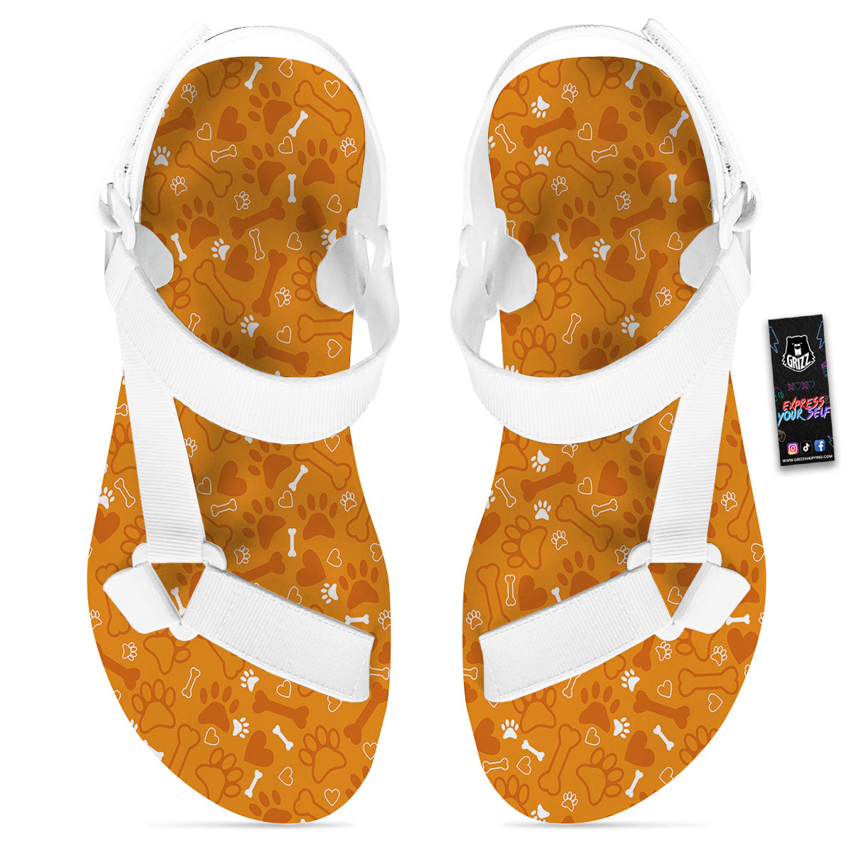 Bone And Orange Paw Print Pattern White Open Toe Sandals-grizzshop
