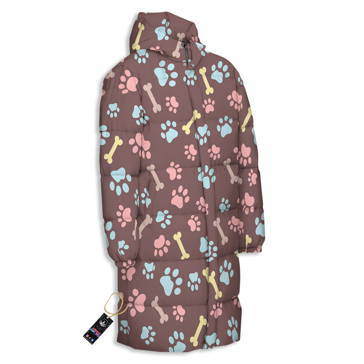 Bone And Colorful Paw Print Pattern Long Down Jacket