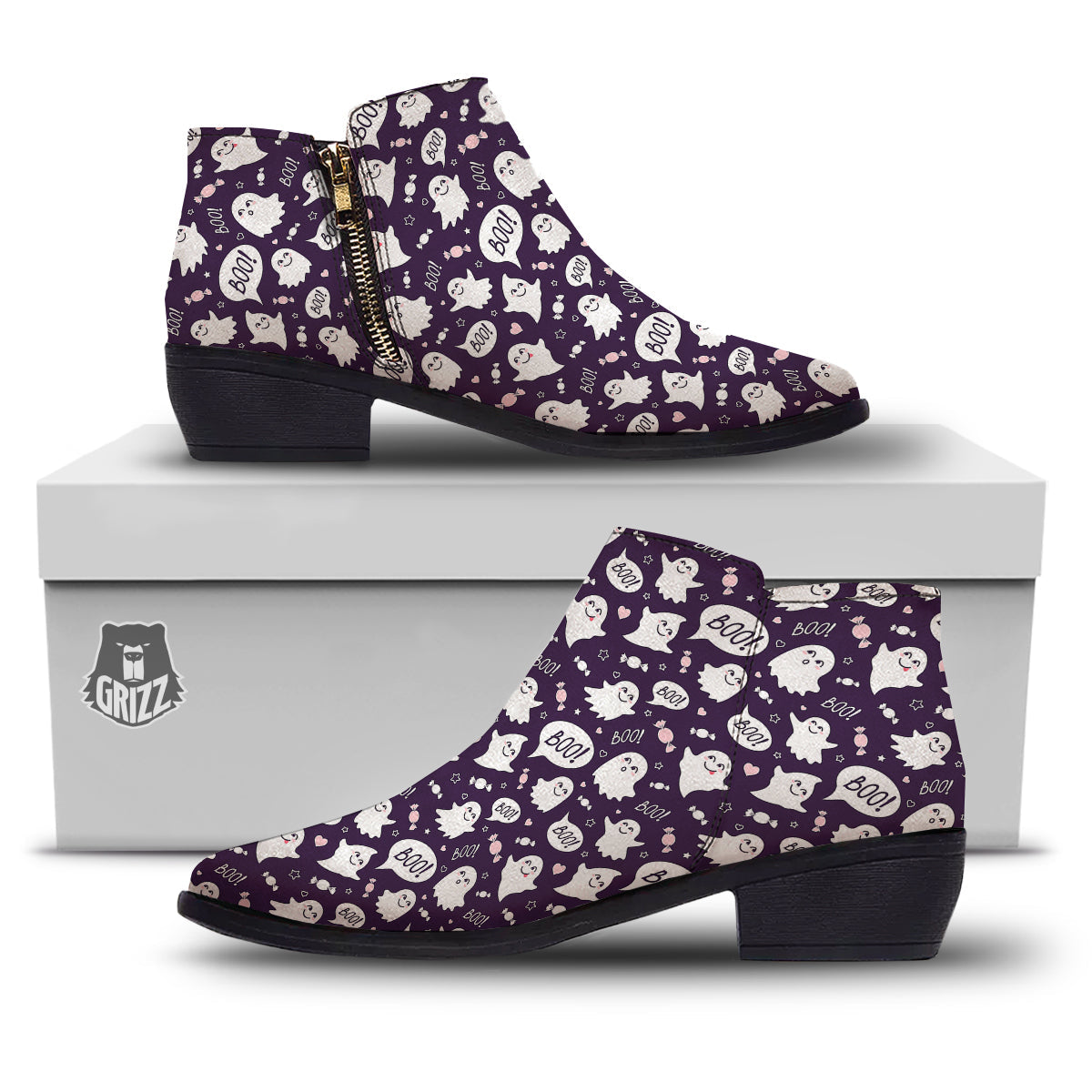 Boo Cute Ghost Print Pattern Ankle Boots-grizzshop