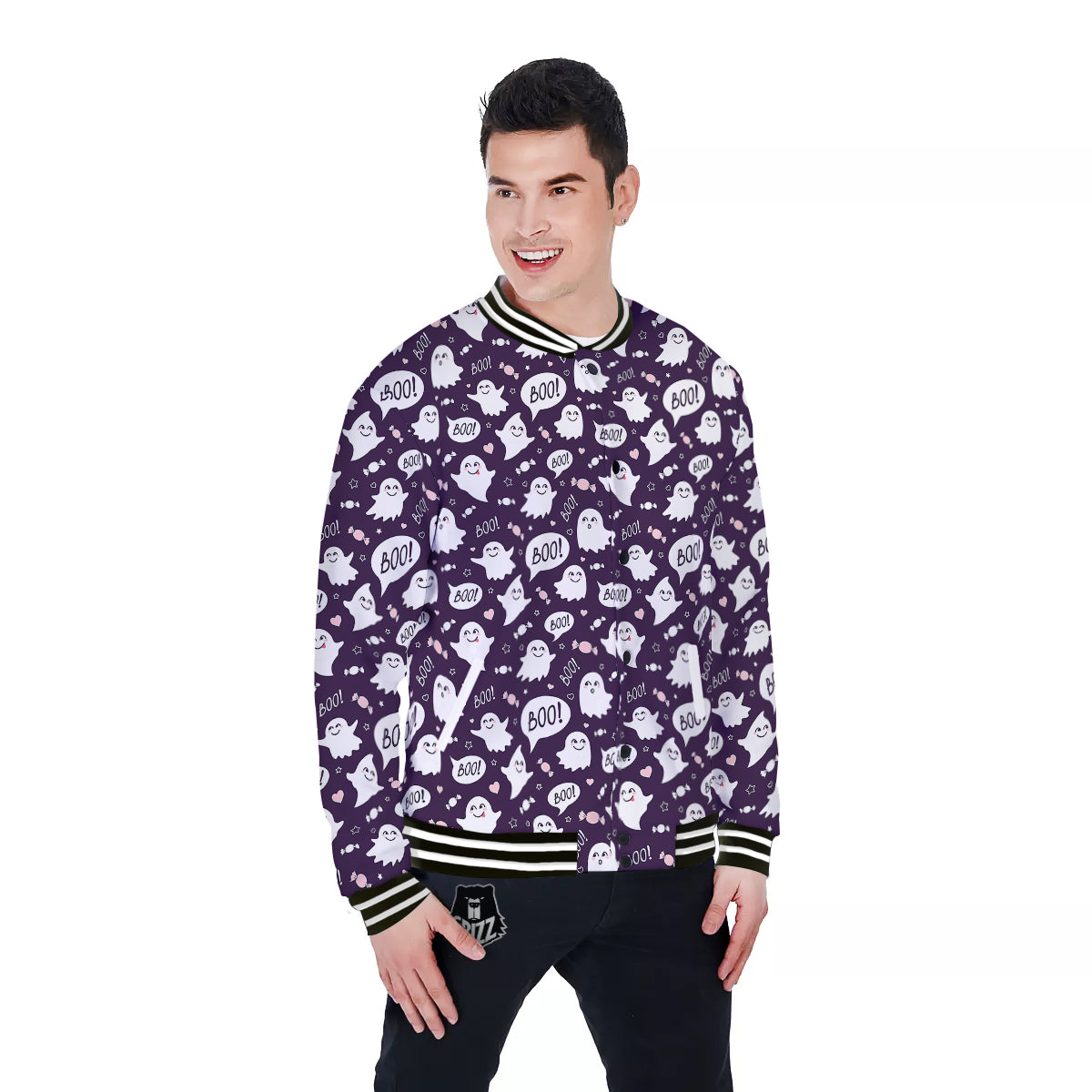 Boo Cute Ghost Print Pattern Baseball Jacket-grizzshop