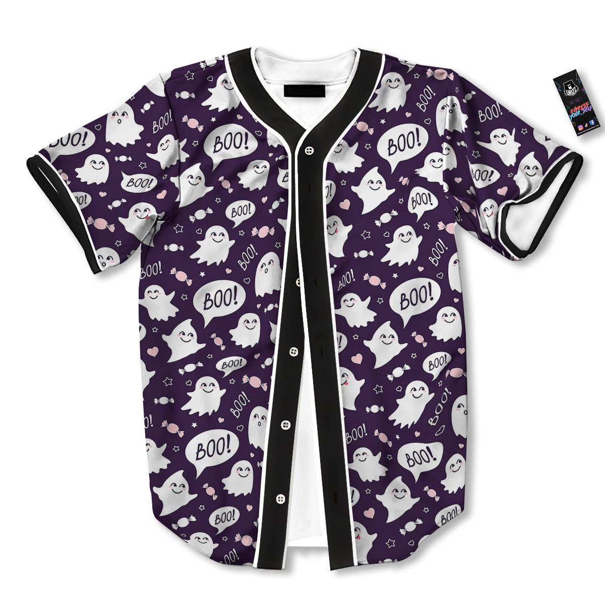 Boo Cute Ghost Print Pattern Baseball Jersey-grizzshop