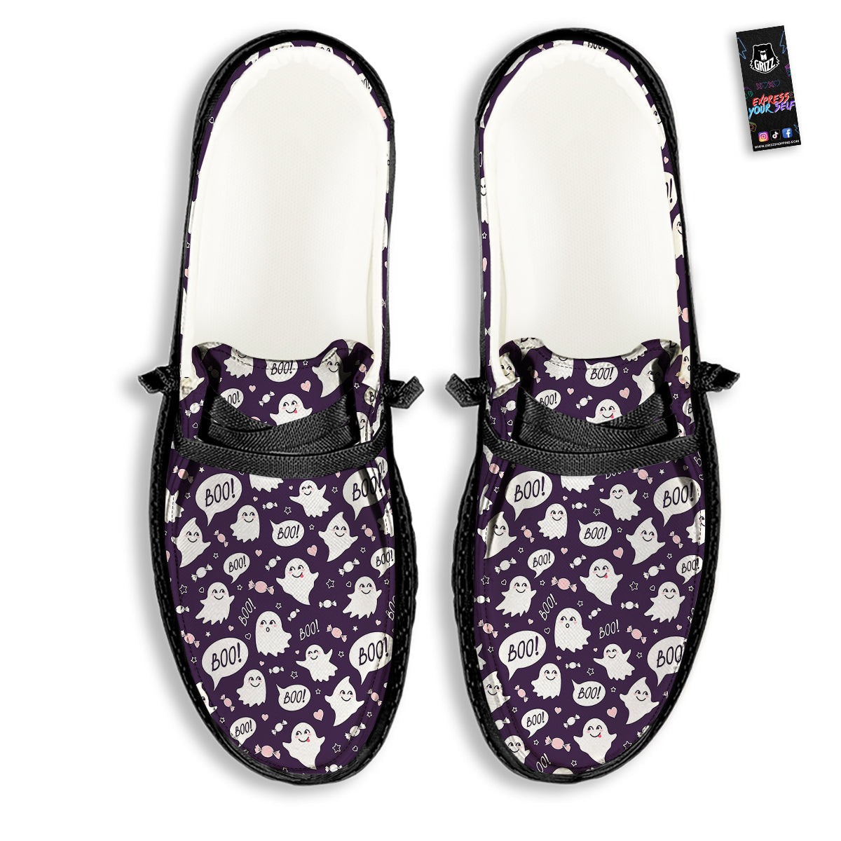 Boo Cute Ghost Print Pattern Black Loafers-grizzshop