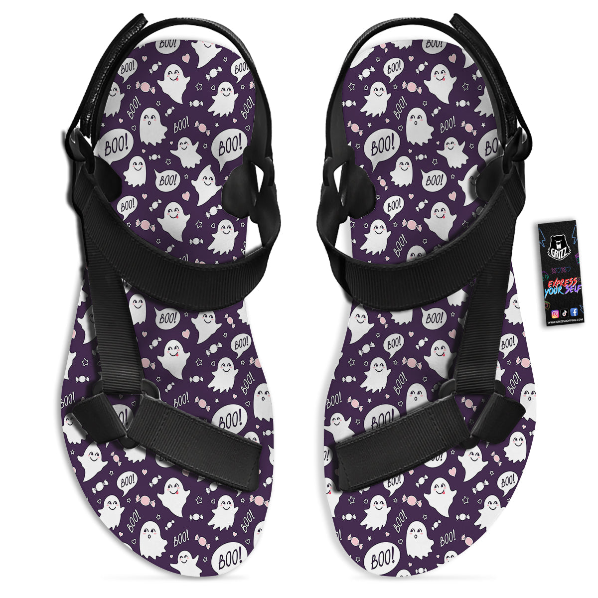 Boo Cute Ghost Print Pattern Black Open Toe Sandals-grizzshop