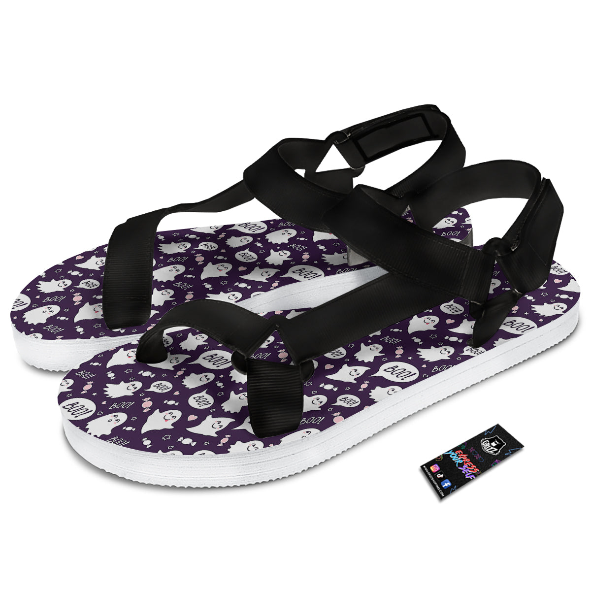 Boo Cute Ghost Print Pattern Black Open Toe Sandals-grizzshop