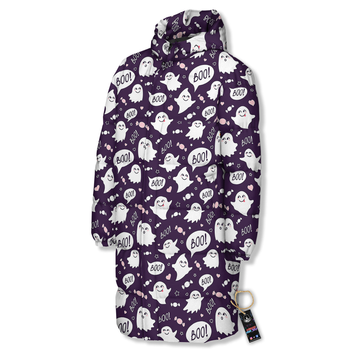 Boo Cute Ghost Print Pattern Long Down Jacket-grizzshop