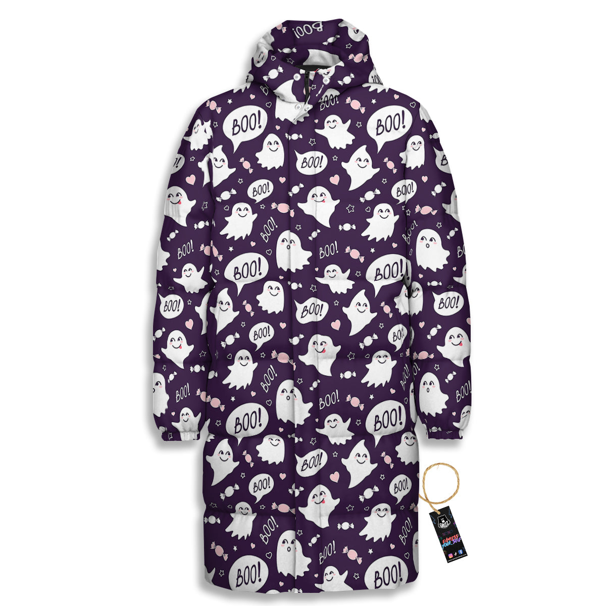 Boo Cute Ghost Print Pattern Long Down Jacket-grizzshop