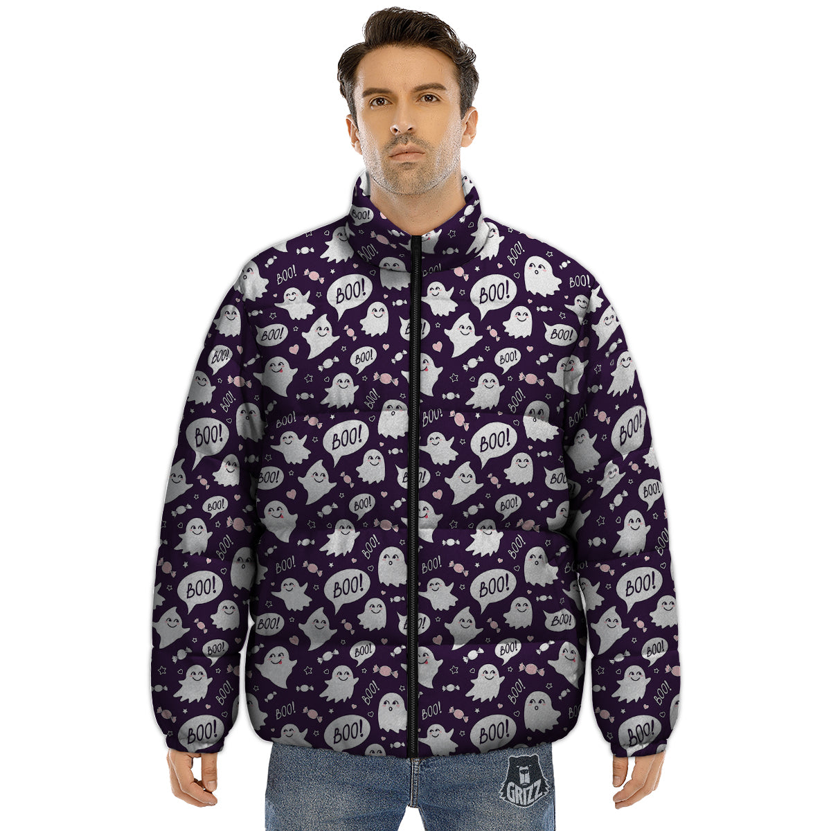 Boo Cute Ghost Print Pattern Puffer Jacket-grizzshop
