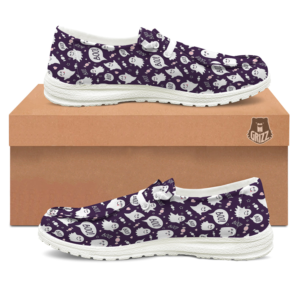 Boo Cute Ghost Print Pattern White Loafers-grizzshop