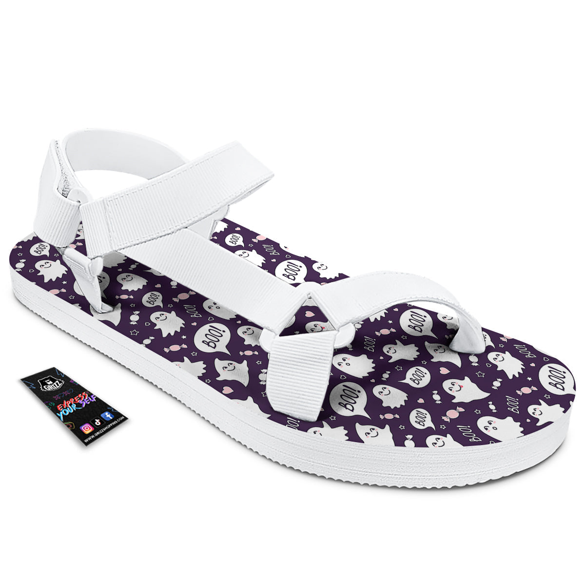 Boo Cute Ghost Print Pattern White Open Toe Sandals-grizzshop