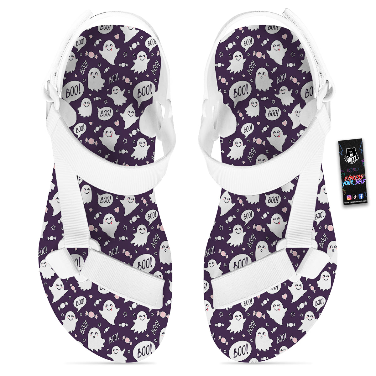 Boo Cute Ghost Print Pattern White Open Toe Sandals-grizzshop